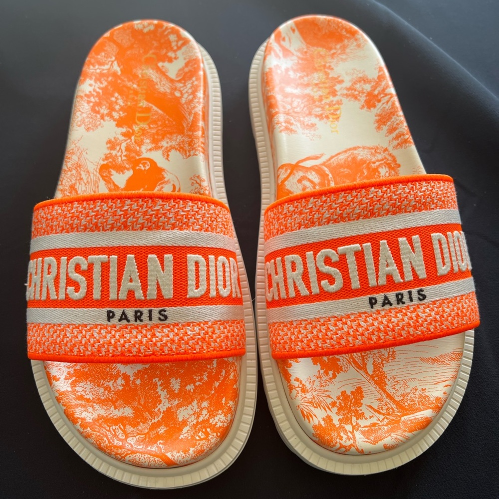 DIOR Bright Orange Toile de Jouy Embroidered Cotton DWAY SLIDE - size 38